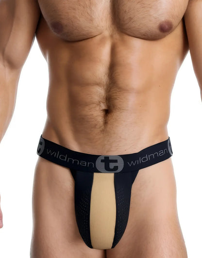 Black and tan mesh athletic brief with wildman branded waistband made of rubber and cotton for active wear