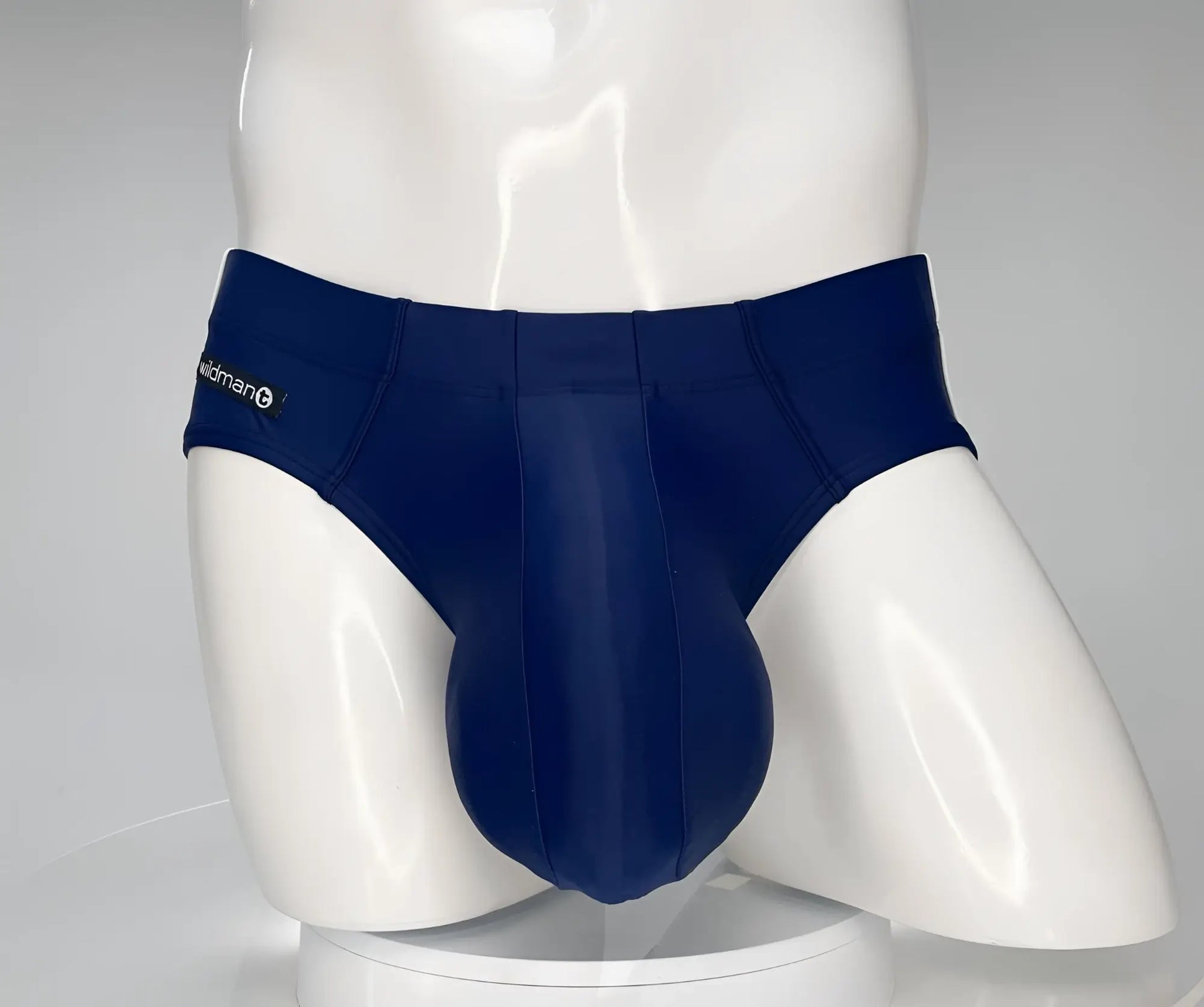 Wildmant monster cock swim brief navy blue men’s briefs with snug fit and widman logo on waistband