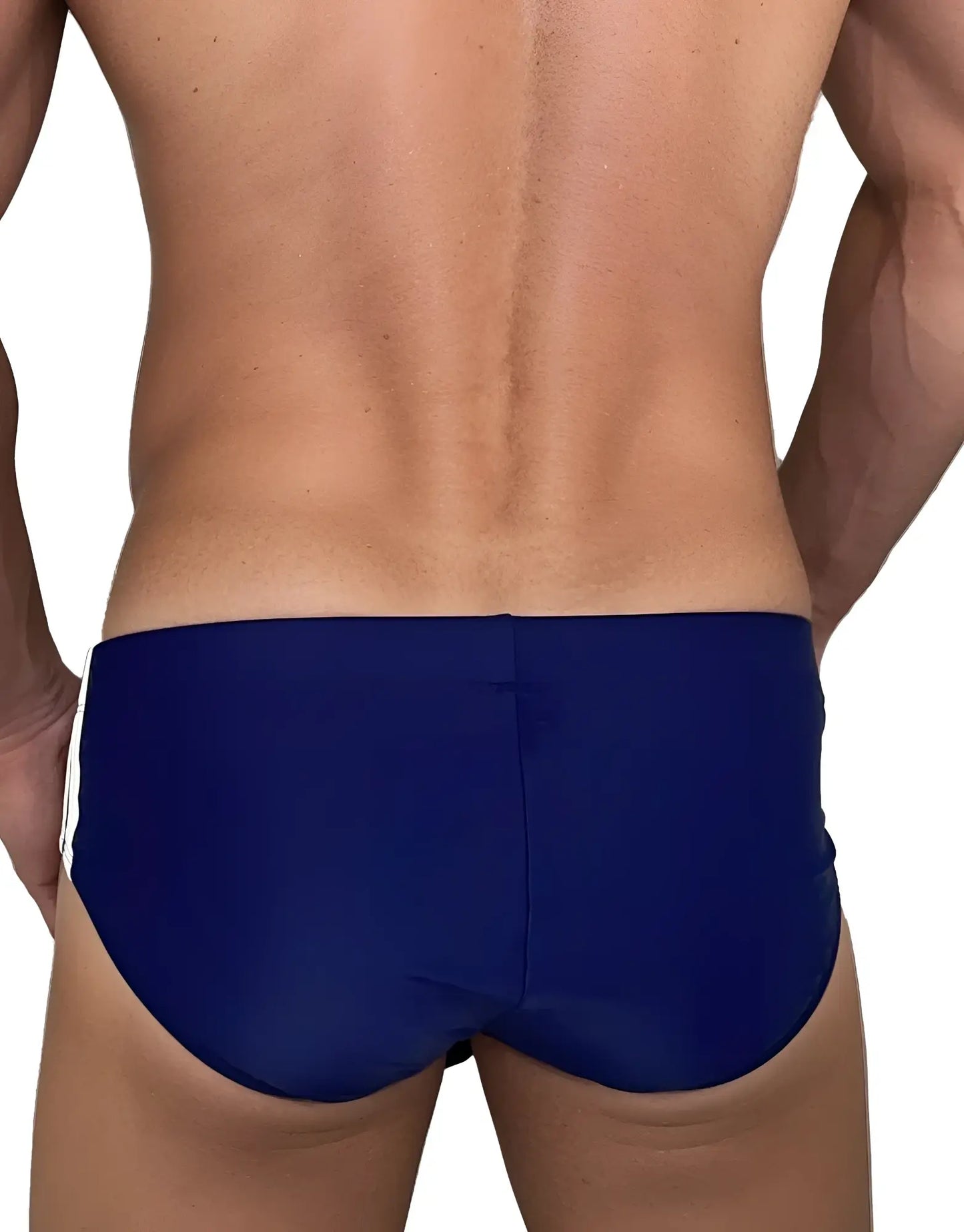 Back view of wildmant monster cock swim brief navy with smooth navy blue fabric and central back seam