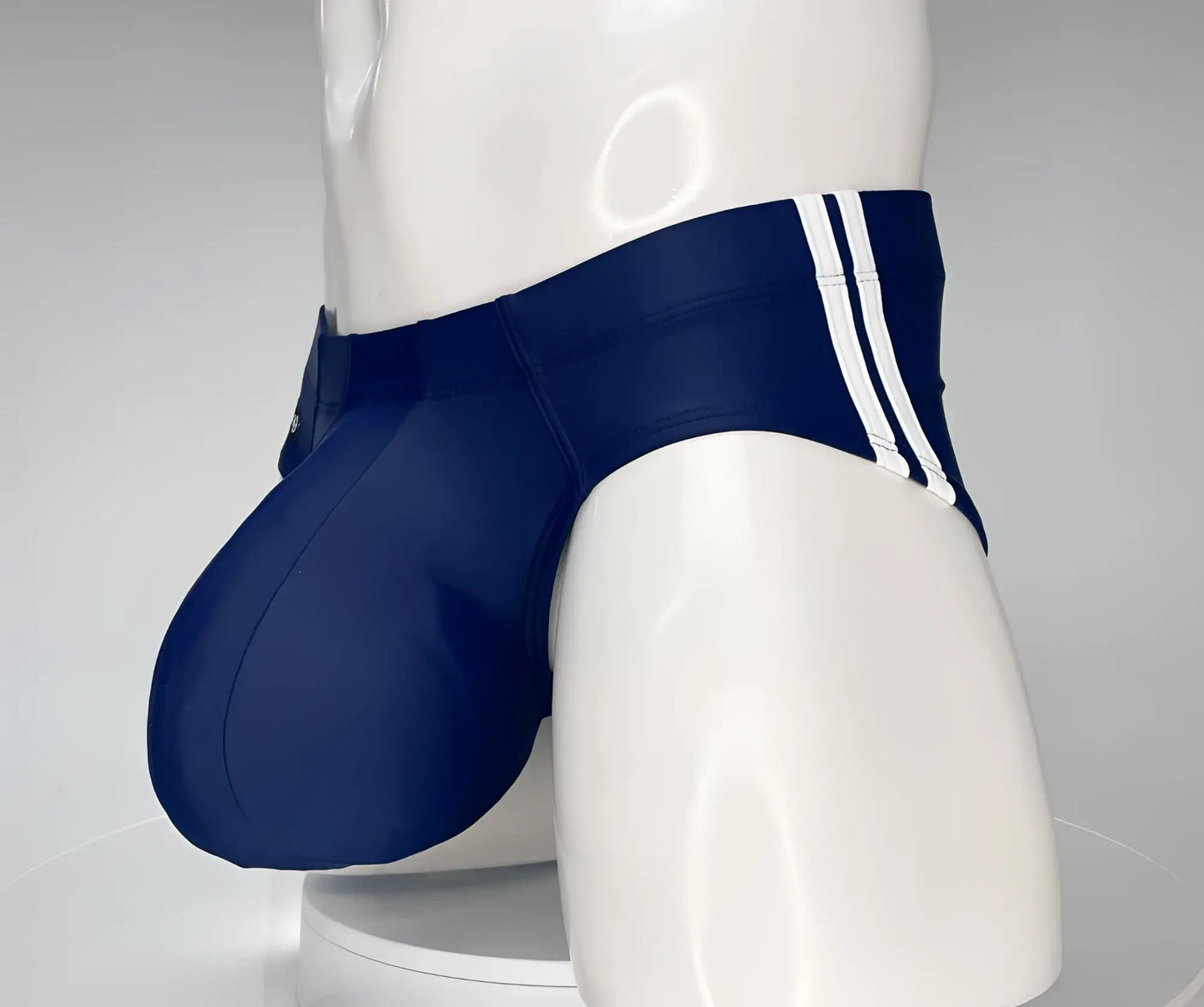 Wildmant monster cock swim brief navy blue swim trunks with three white stripes on the side for swimming