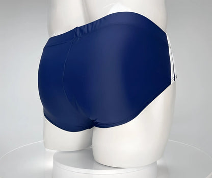 Wildmant monster cock swim brief navy blue swim trunks with white side stripes for swimming and beachwear
