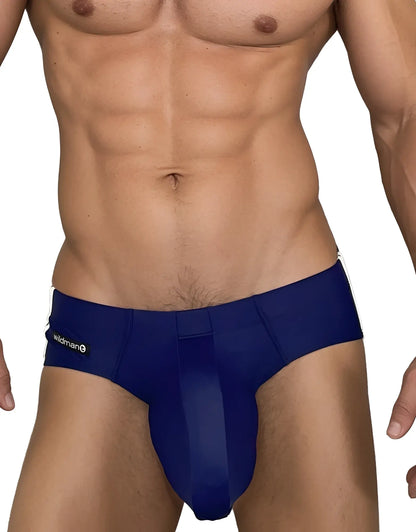 Navy blue WildmanT Monster Cock swim briefs with sleek form-fitting design and subtle white waistband trim