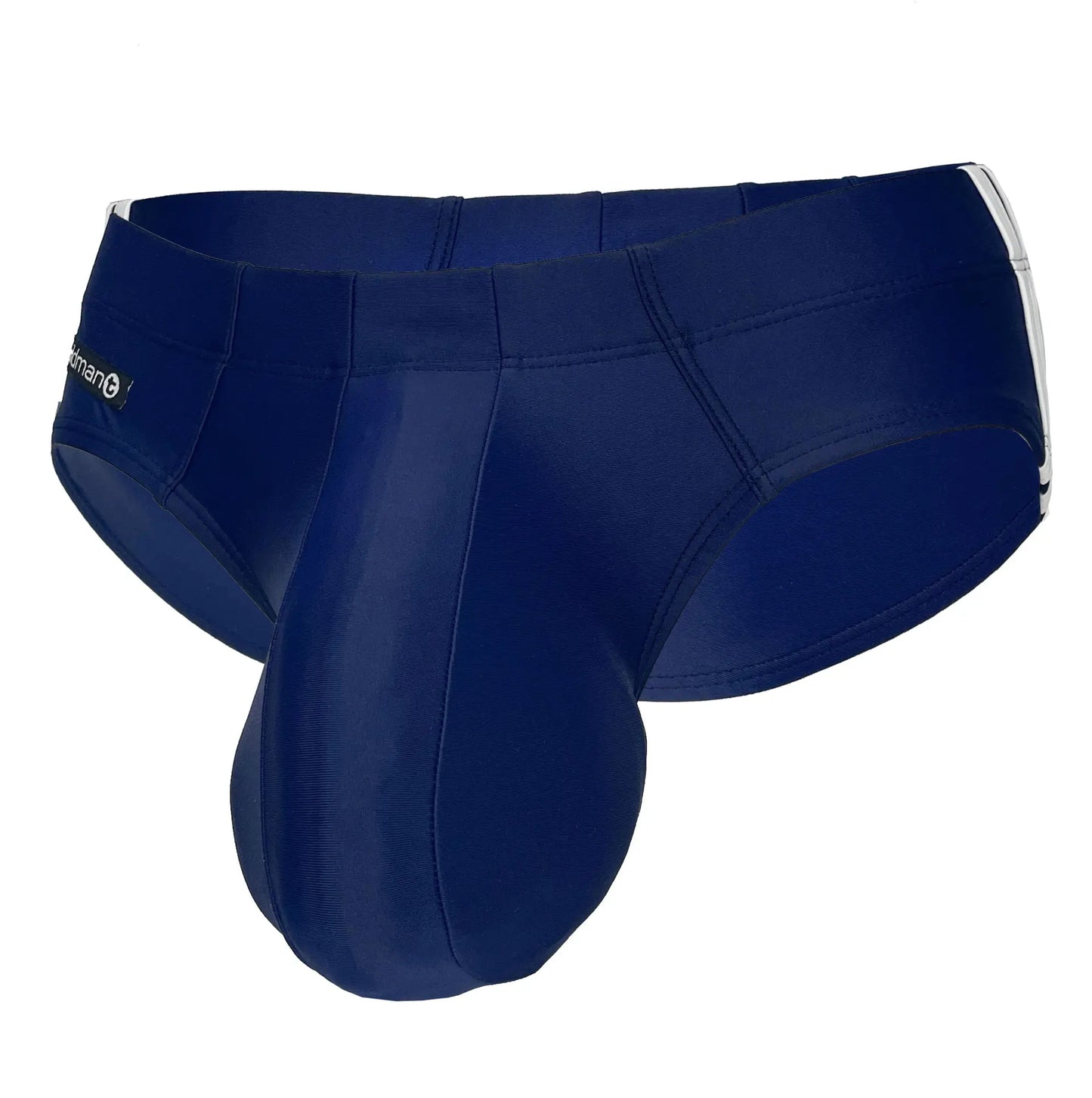 Wildmant monster cock swim brief navy men’s deep navy blue swim trunks with white trim on waistband and leg openings