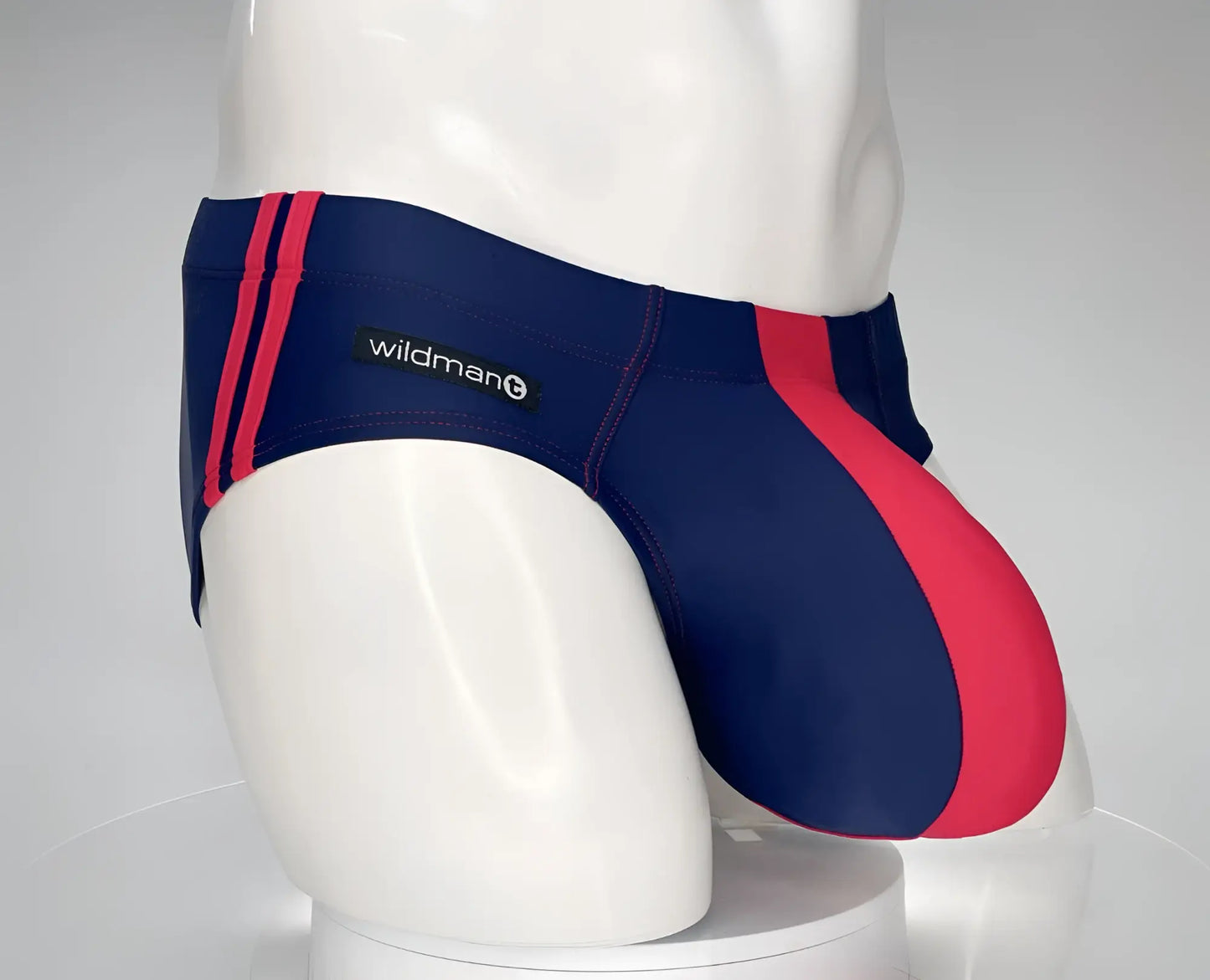 Wildmant monster cock swim brief navy and red athletic trunks with sleek form-fitting design for swimming