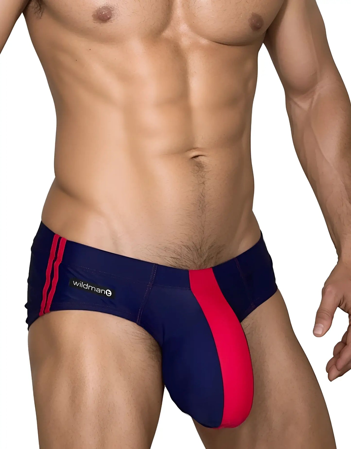Wildmant monster cock swim brief navy red athletic style with bold vertical stripes for swimming and beachwear