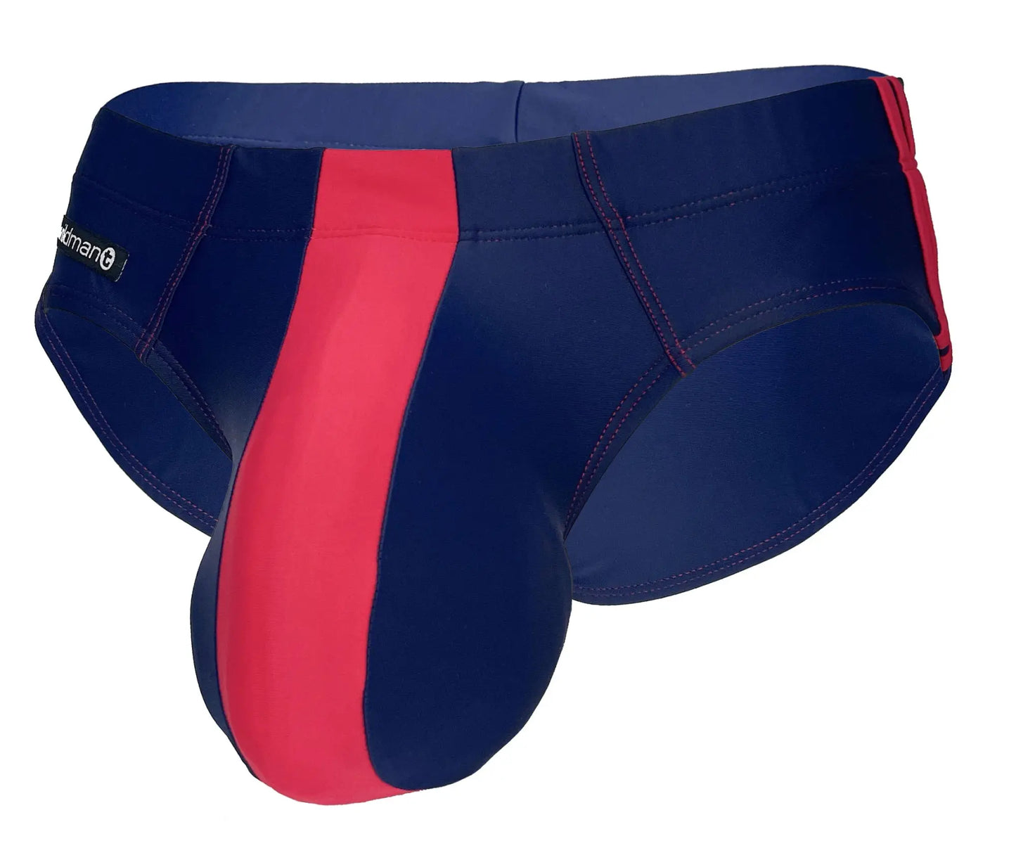 Wildmant monster cock swim brief in navy and red features sleek navy blue and red stripes with a form-fitting design
