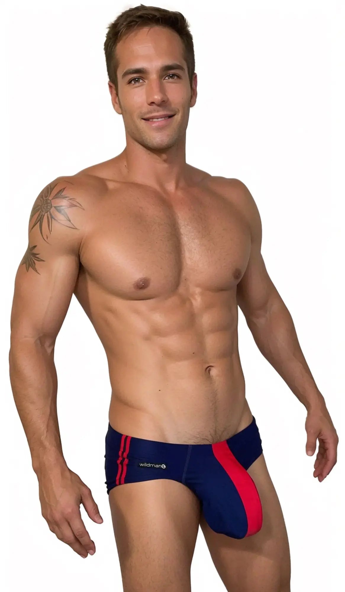Navy blue and red striped WildmanT Monster Cock swim brief with wildmar logo on the side for swimming and beachwear