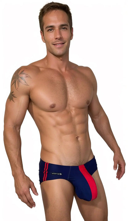 Navy blue and red striped WildmanT Monster Cock swim brief with wildmar logo on the side for swimming and beachwear