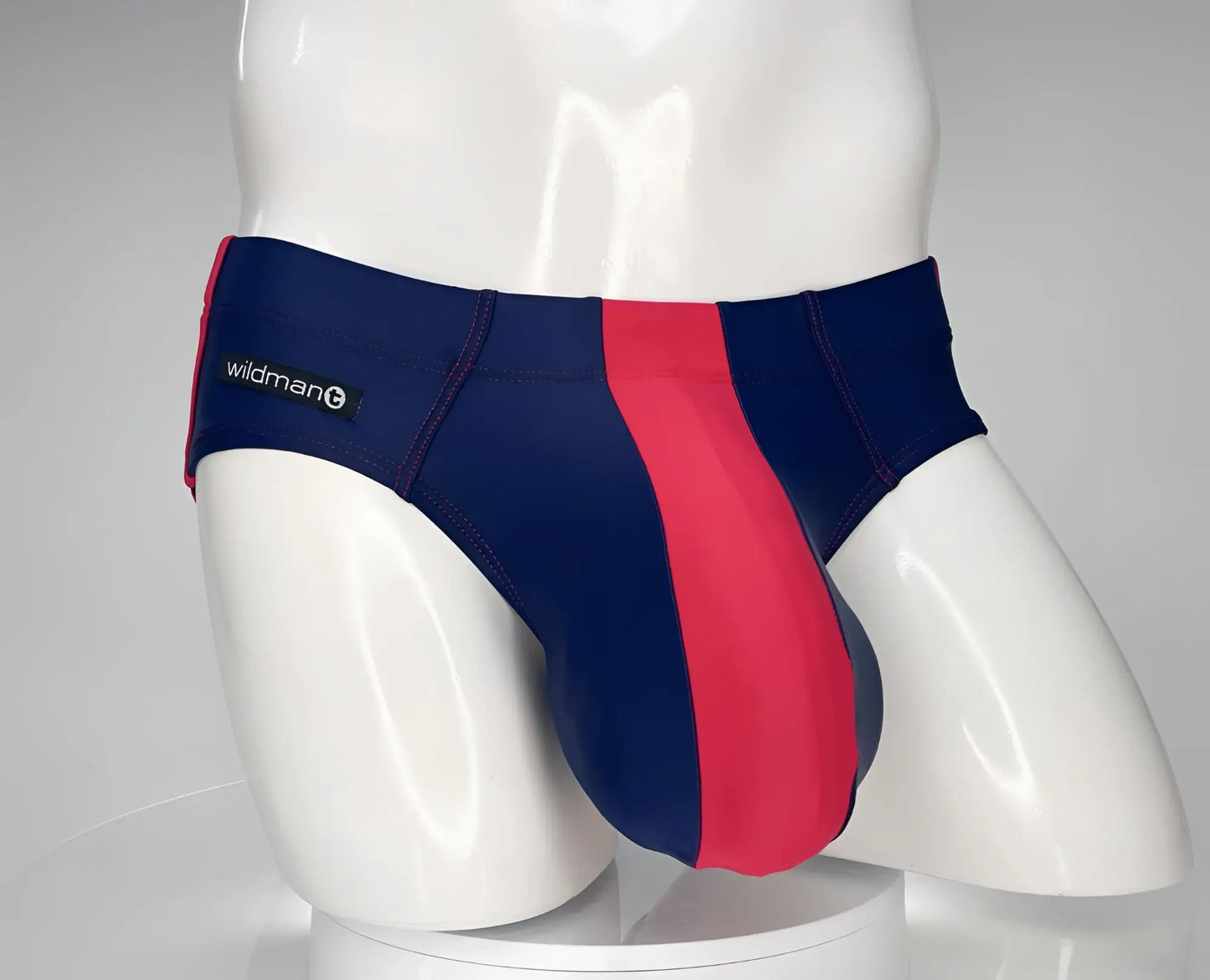 Wildman t monster cock navy red striped men’s swim brief with branded waistband for swimming and beachwear