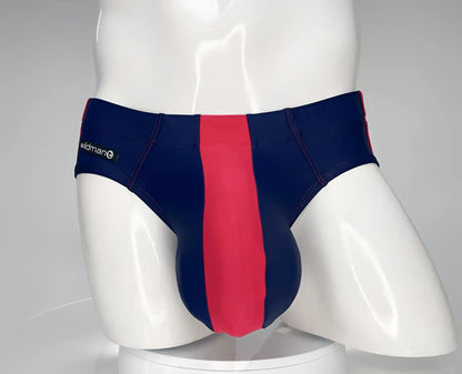 Navy blue and red striped wildmanT monster cock swim brief for men featuring the wildman logo on the side