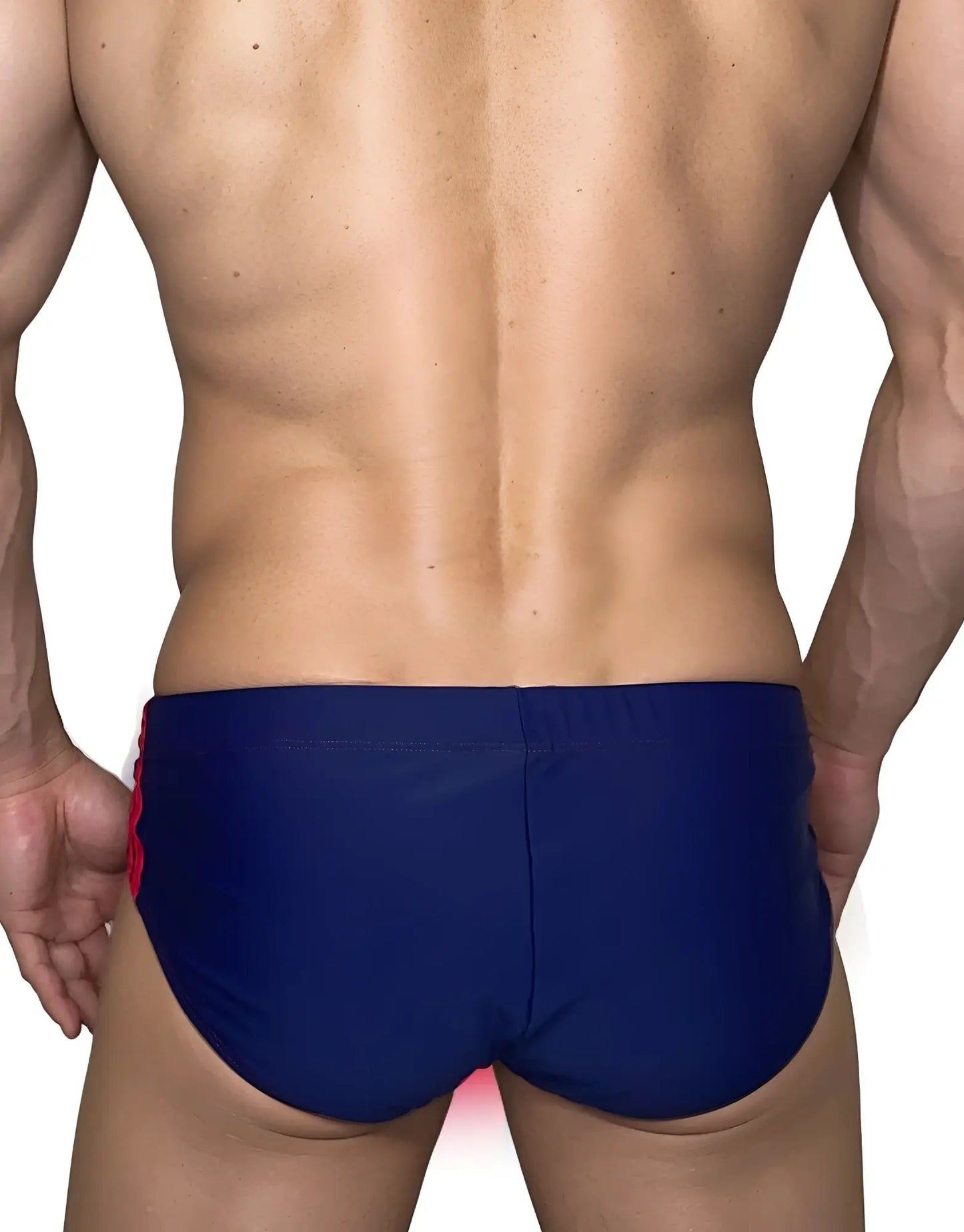 WildmanT monster cock swim brief navy with red side panels made of stretchy swim fabric for beach and pool use