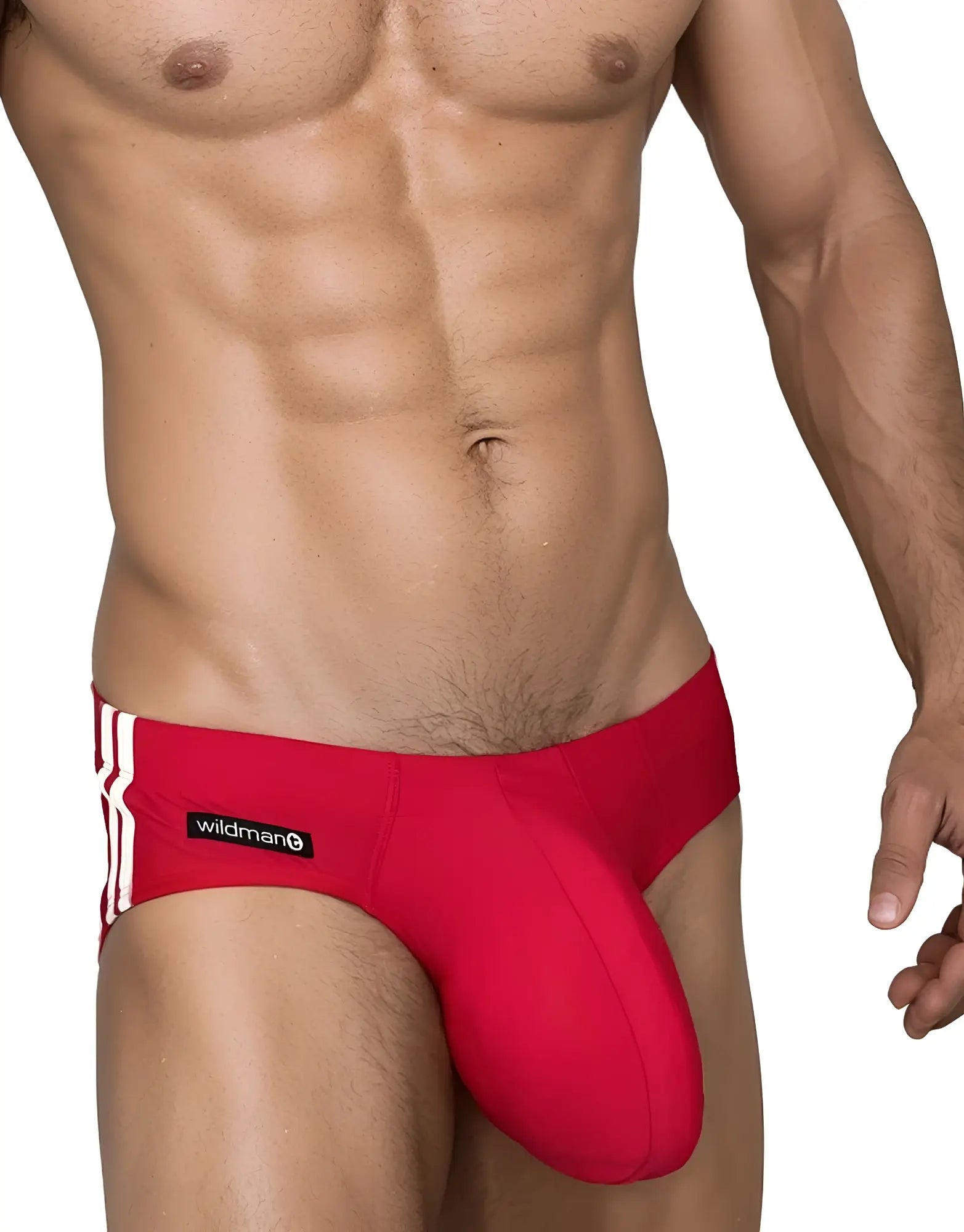 Red WildmanT monster cock swim brief with white side stripes and black wildman logo tag visible on athletic briefs