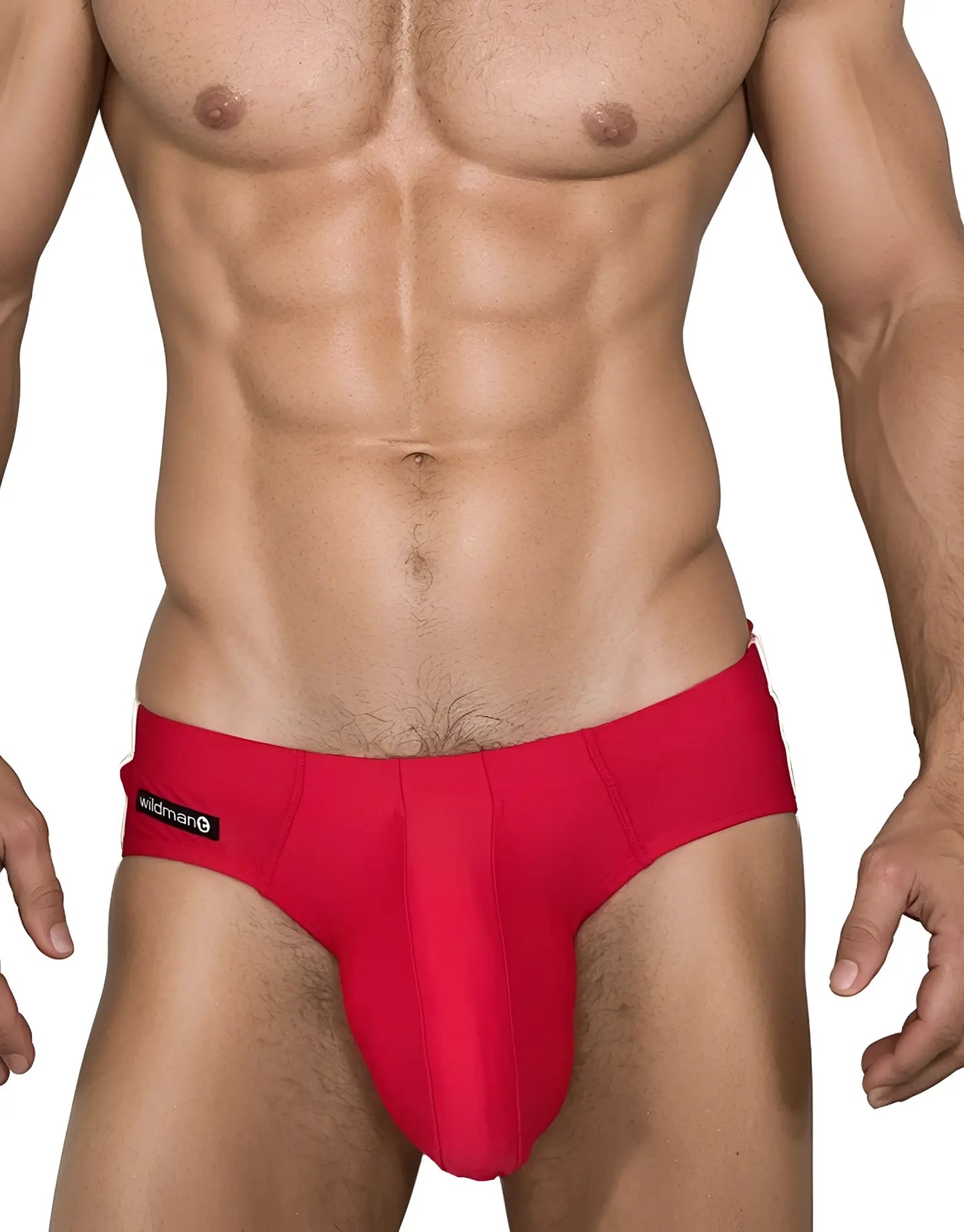Red men’s briefs swim brief with black wildman brand label on the left side designed for beach or pool use