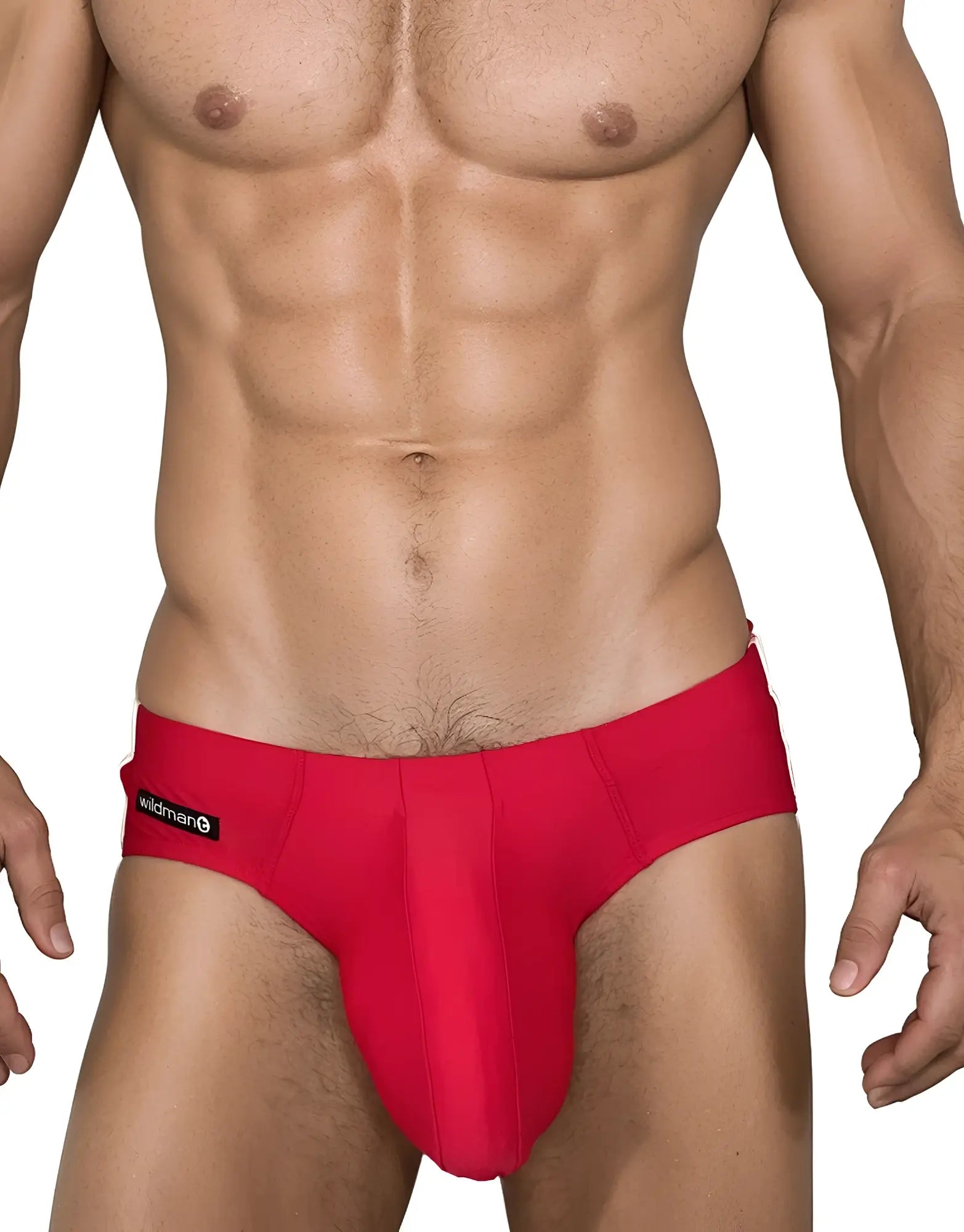 Red men’s briefs swim brief with black wildman brand label on the left side designed for beach or pool use