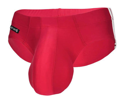 Wildmant monster cock swim brief red men’s swim trunks with white side stripes and black brand tag for swimming