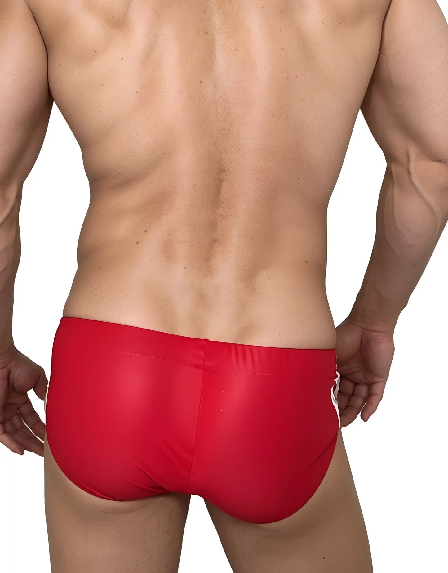 WildmanT Monster Cock swim brief in red with a sleek glossy finish and white side stripes front view