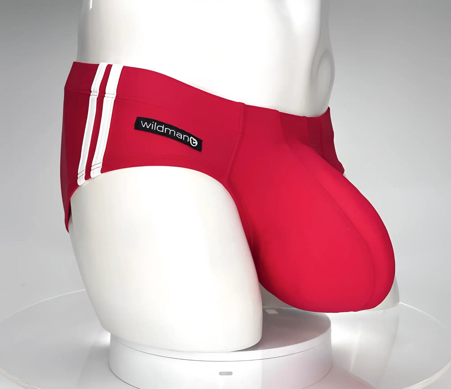 Red Swim Briefs WildmanT Monster Cock with white side stripes and black wildman brand label