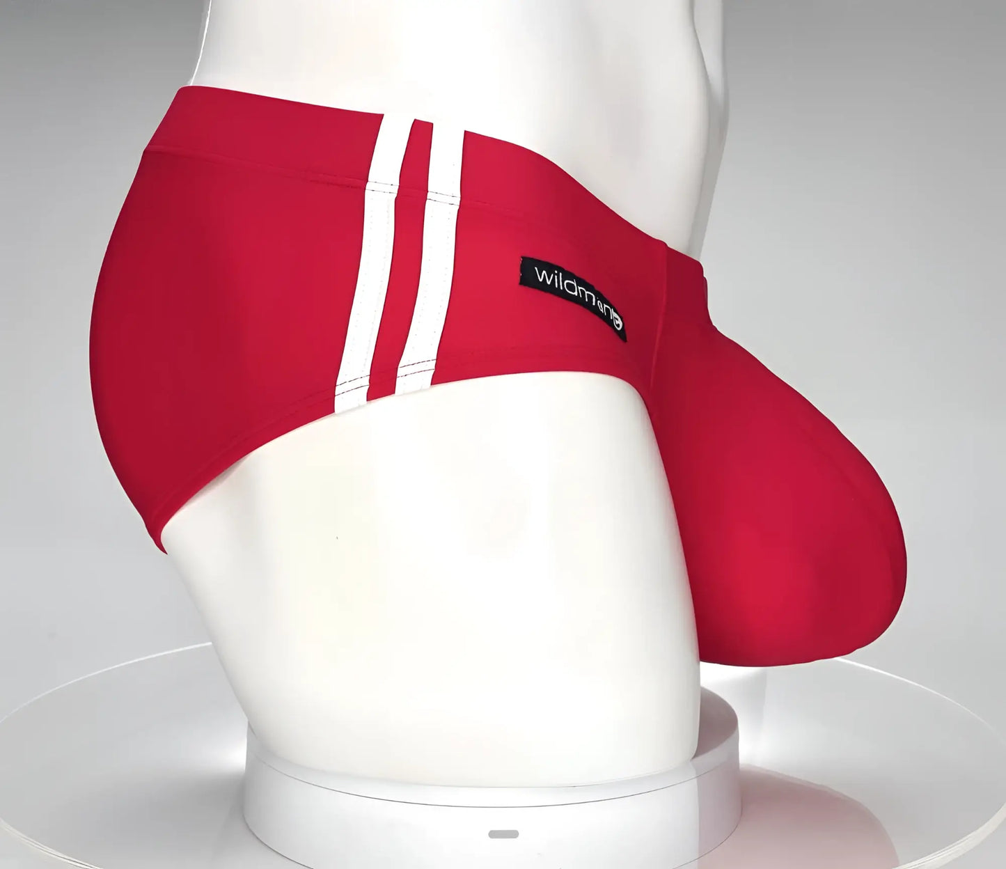 Wildmango monster cock swim brief red swim trunks with white vertical stripes and black wildmango brand label