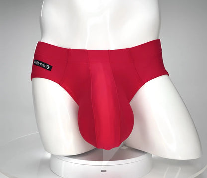 Red wildman brand men’s swim brief in monster cock style with supportive contoured design and vibrant red color