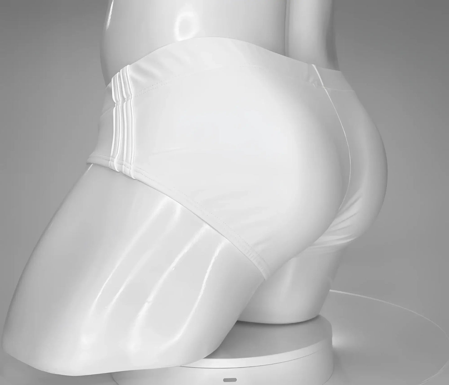 White glossy finish WildmanT Monster Cock swim brief with three vertical stripes on the side seam