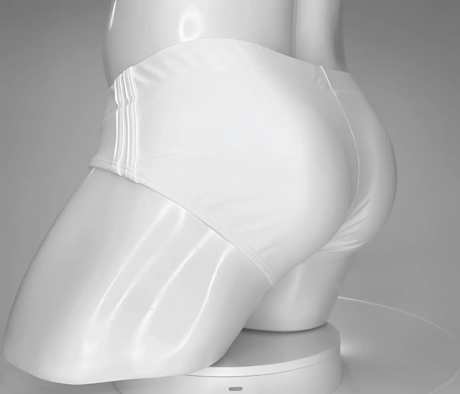 White glossy finish WildmanT Monster Cock swim brief with three vertical stripes on the side seam