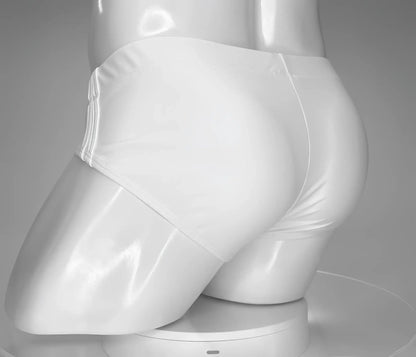 White glossy latex swim briefs wildmant monster cock with sleek form-fitting design for swimwear use