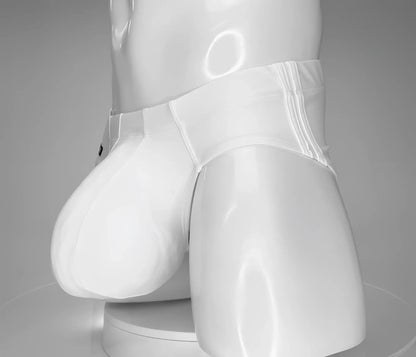 WildmanT monster cock swim brief white glossy latex briefs with smooth shiny surface and subtle vertical seam detailing