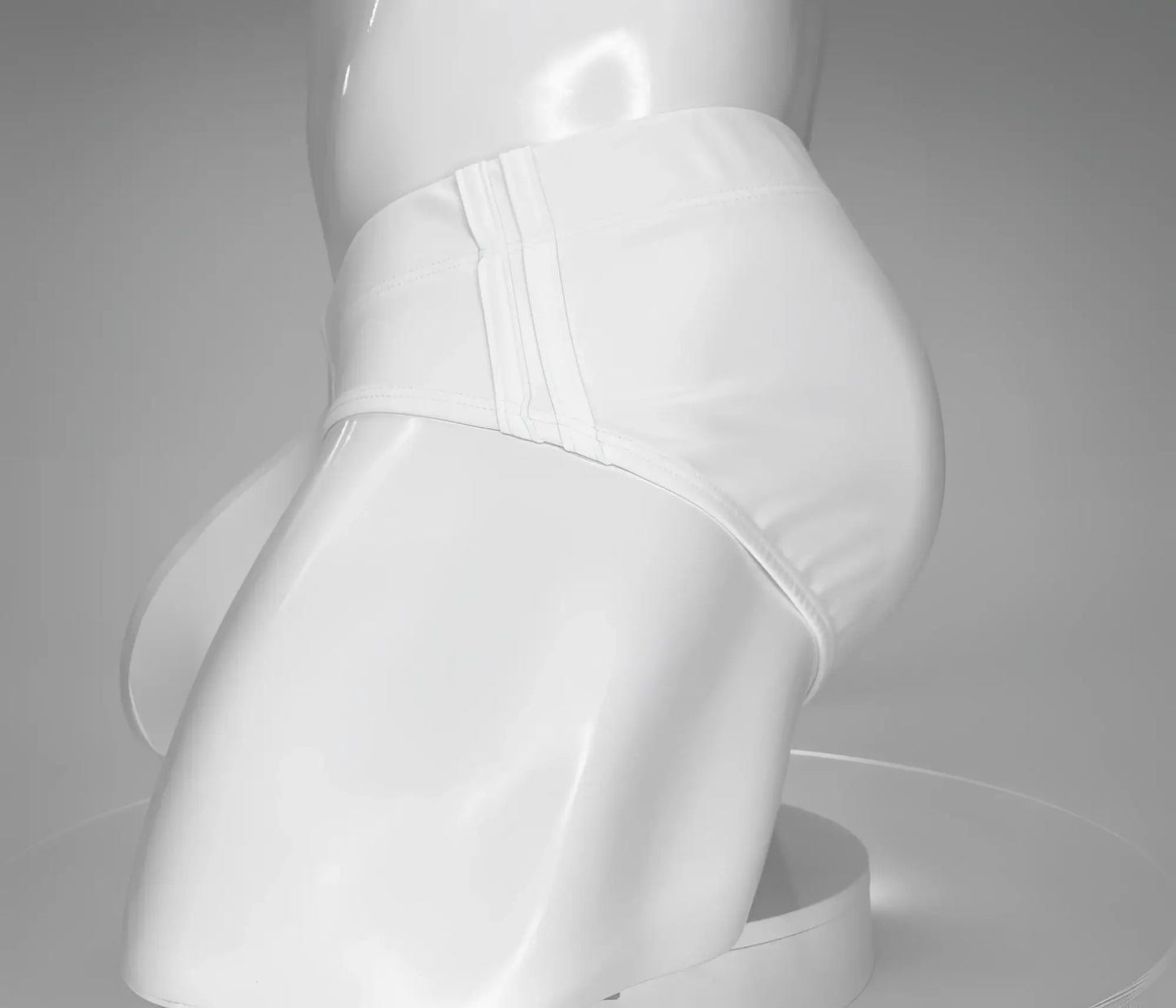 White wildmant monster cock swim brief back with high waisted smooth glossy finish and three vertical stitched seams