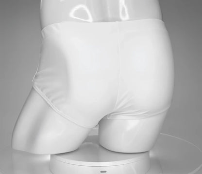 Wildmant monster cock swim brief white displayed on mannequin showing front white swim briefs with bold design