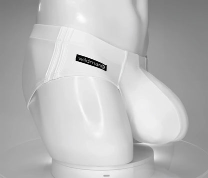 White men’s briefs with a black wildman brand label on the waistband from wildmant monster cock swim brief white collection