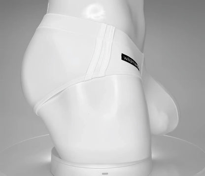 WildmanT monster cock swim brief white shows sleek white men’s briefs with form-fitting design and vertical stitching detail
