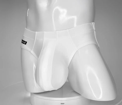 Wildmant monster cock swim brief white in sleek form-fitting white men’s briefs with subtle brand tag on waistband