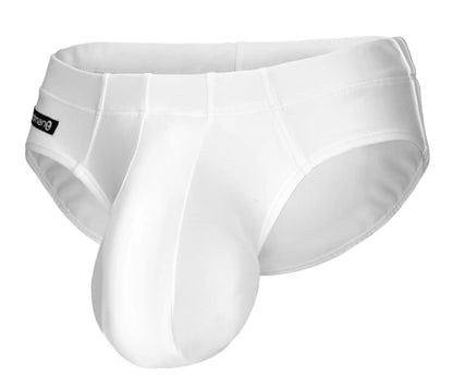 White WildmanT swim brief with a contoured, prominent pouch and a small black brand logo tab on the left hip.