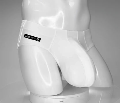 White plastic swim briefs with a black wildman logo patch on the waistband from wildmant monster cock line