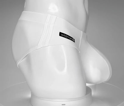White wildman mens briefs with smooth form fitting design and visible seam detailing for swim use