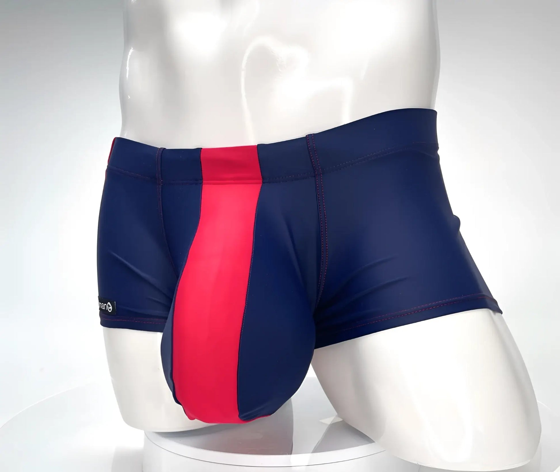 WildmanT Monster Cock swim square cut trunks in navy and red stripes with a sleek, form-fitting design