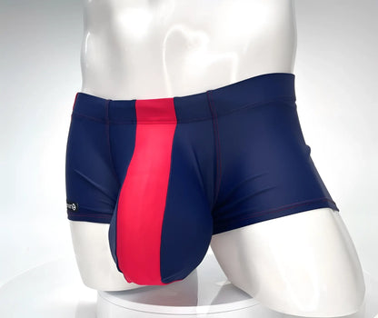 WildmanT Monster Cock swim square cut trunks in navy and red stripes with a sleek, form-fitting design