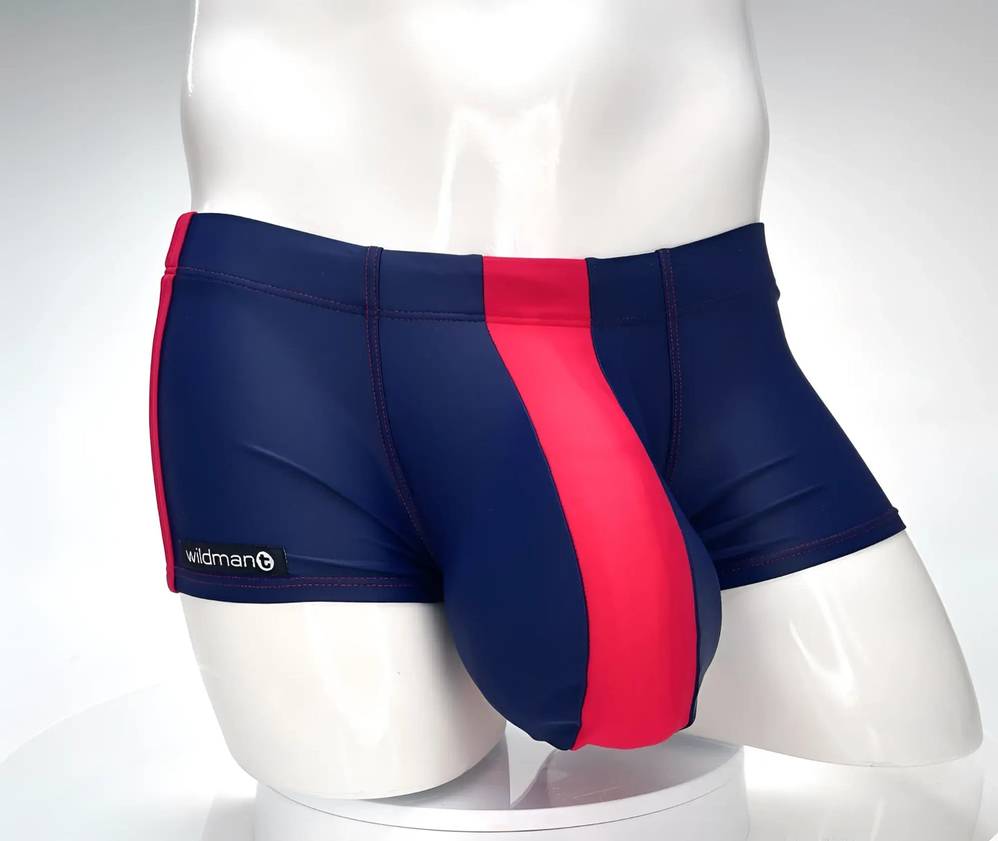 Wildmant monster cock swim square cut swim trunks with navy blue and red stripes and a sleek form fitting design
