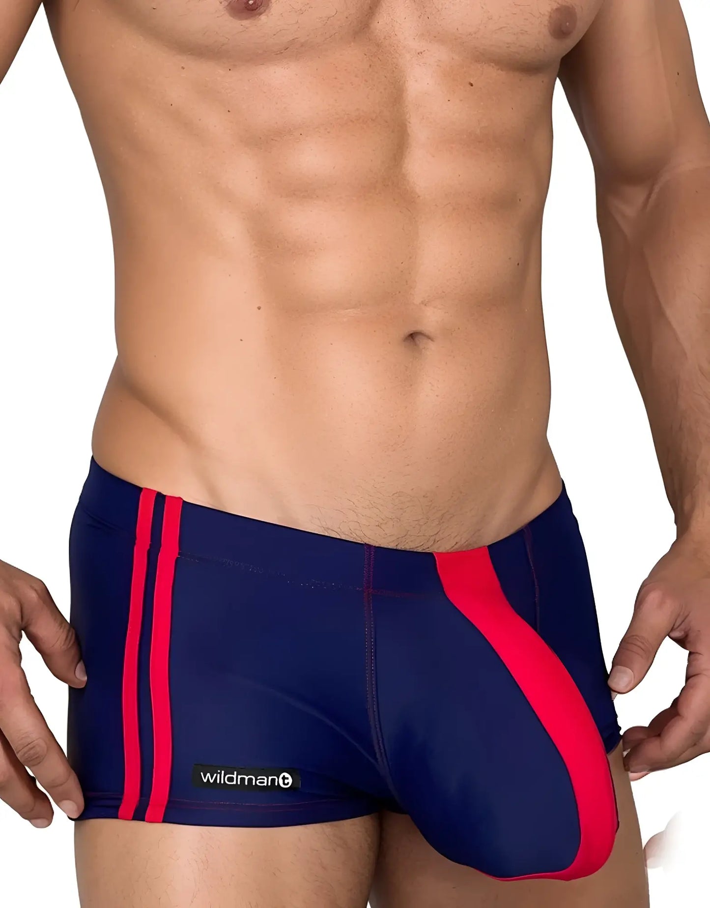 WildmanT Monster Cock swim square cut navy red swim trunks with sleek form-fitting design and striped pattern
