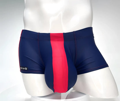 Wildmant monster cock swim square cut navy red men’s swim trunks with navy blue and red stripes and sleek fit