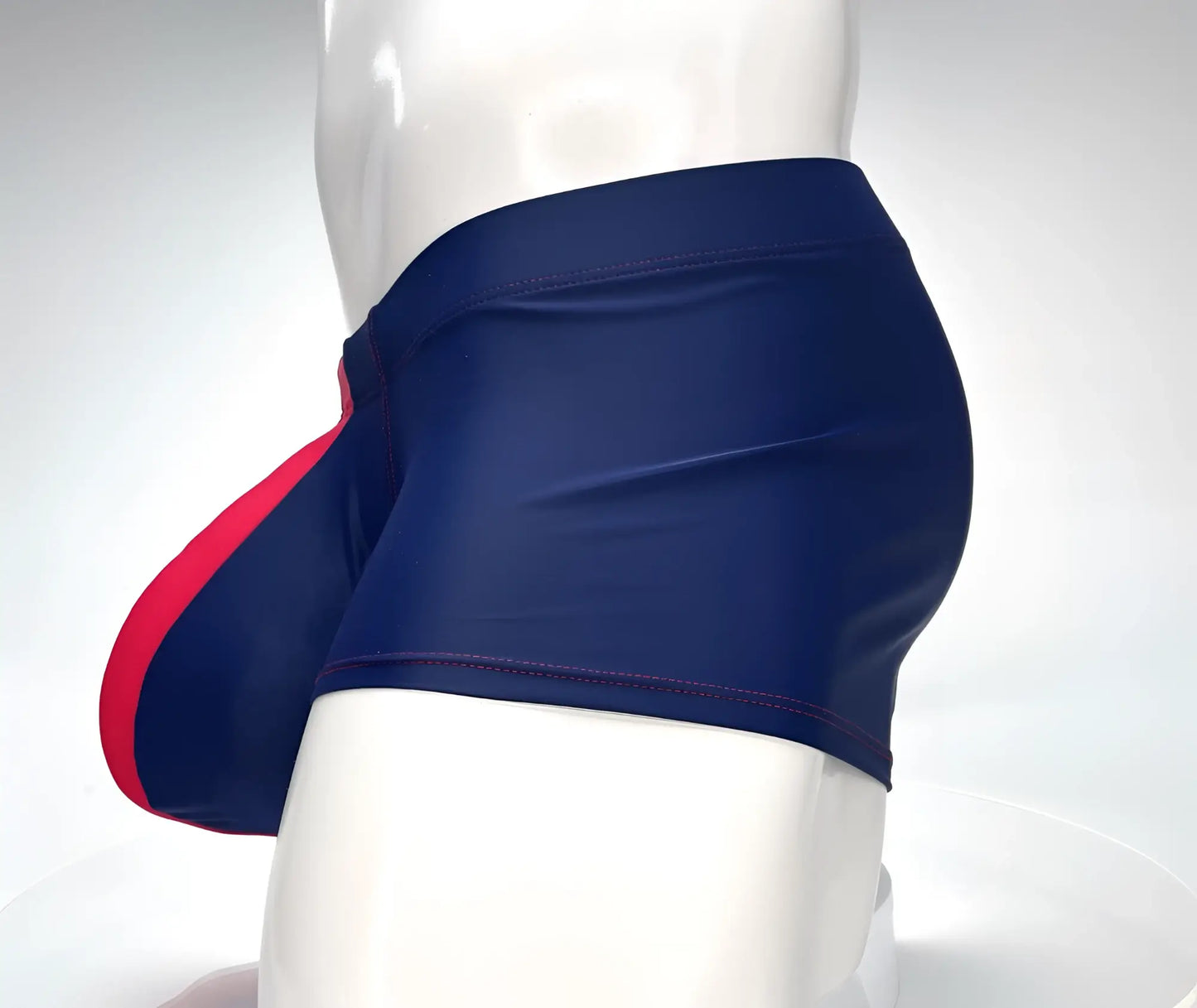 Wildmant monster cock swim square cut navy blue swim trunks with bold red side seam accent for swimming