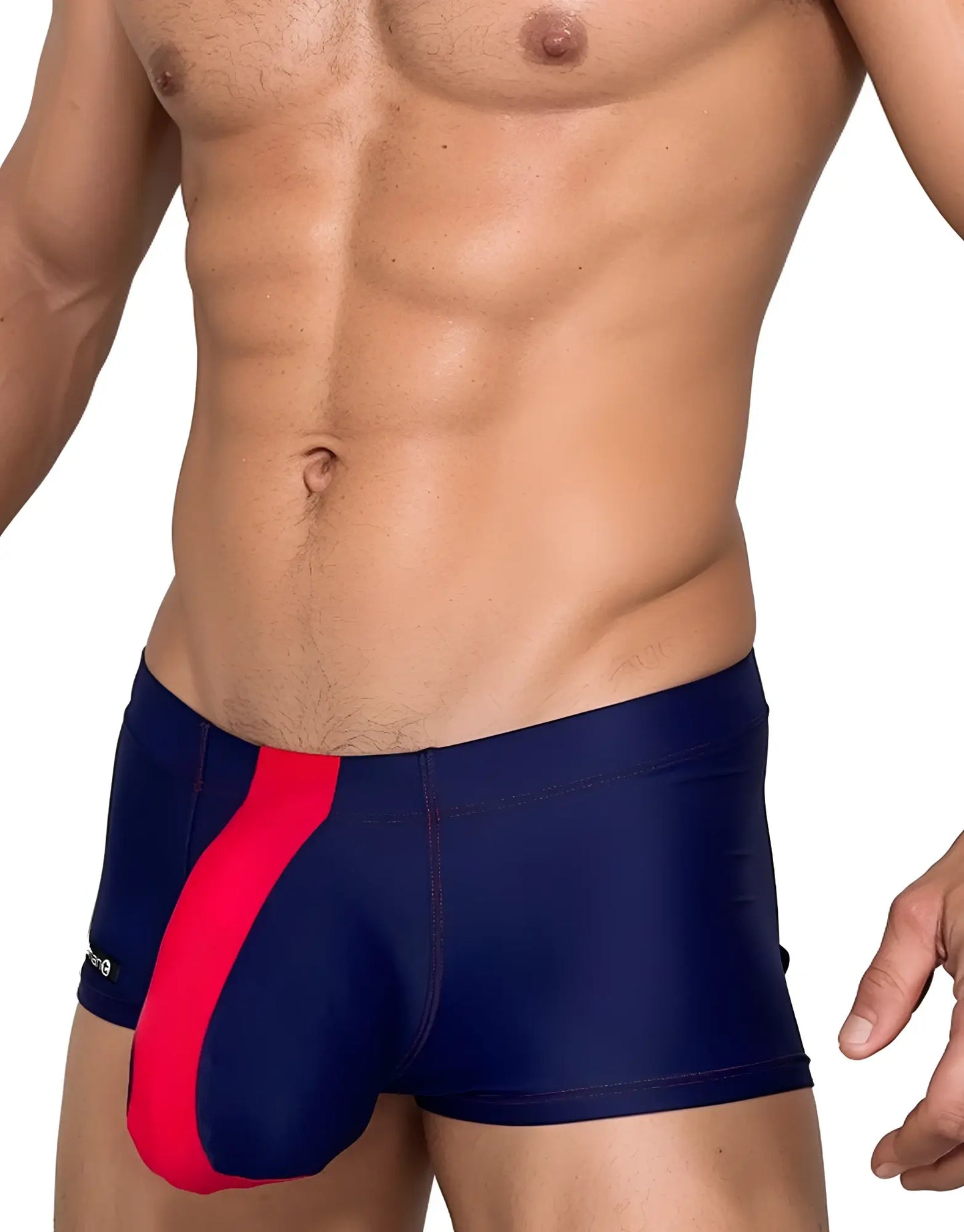WildmanT Monster Cock swim square cut navy blue swim trunks with bold red diagonal stripe down the side