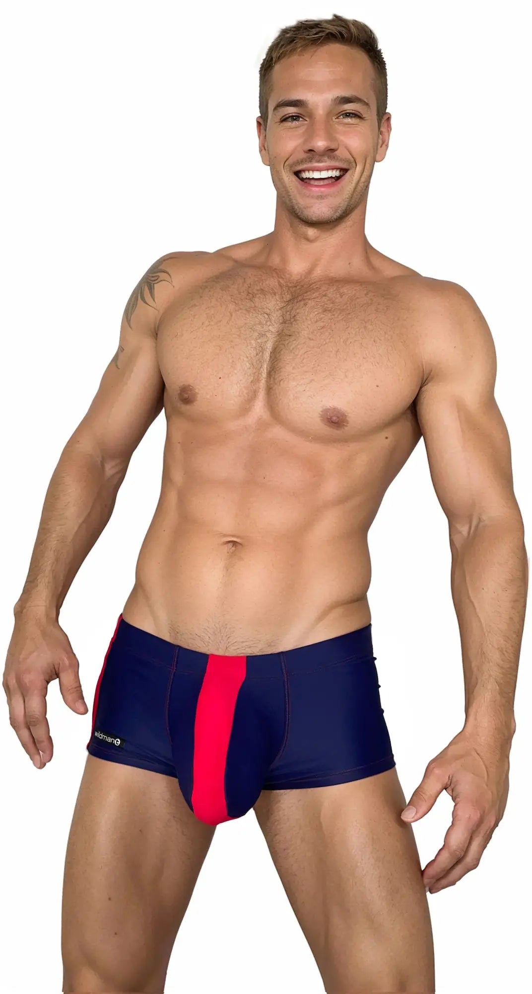 WildmanT monster cock swim square cut navy blue swim trunks with bold red vertical side stripe