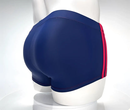 Wildmant monster cock navy blue swim square cut trunks with bold red side stripes for swimming and beachwear