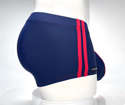 WildmanT Monster Cock swim square cut navy blue trunks with bold red stripes and subtle wildman brand label