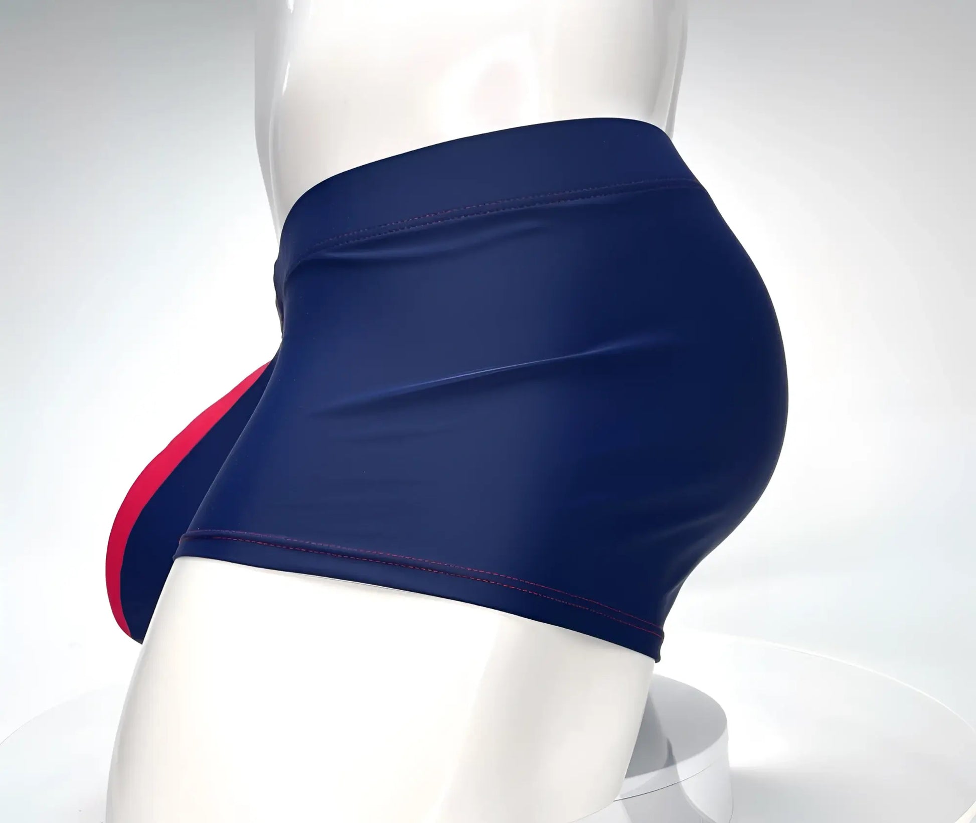 Wildmant monster cock swim square cut navy swim trunks with red side panel and matching stitching for men