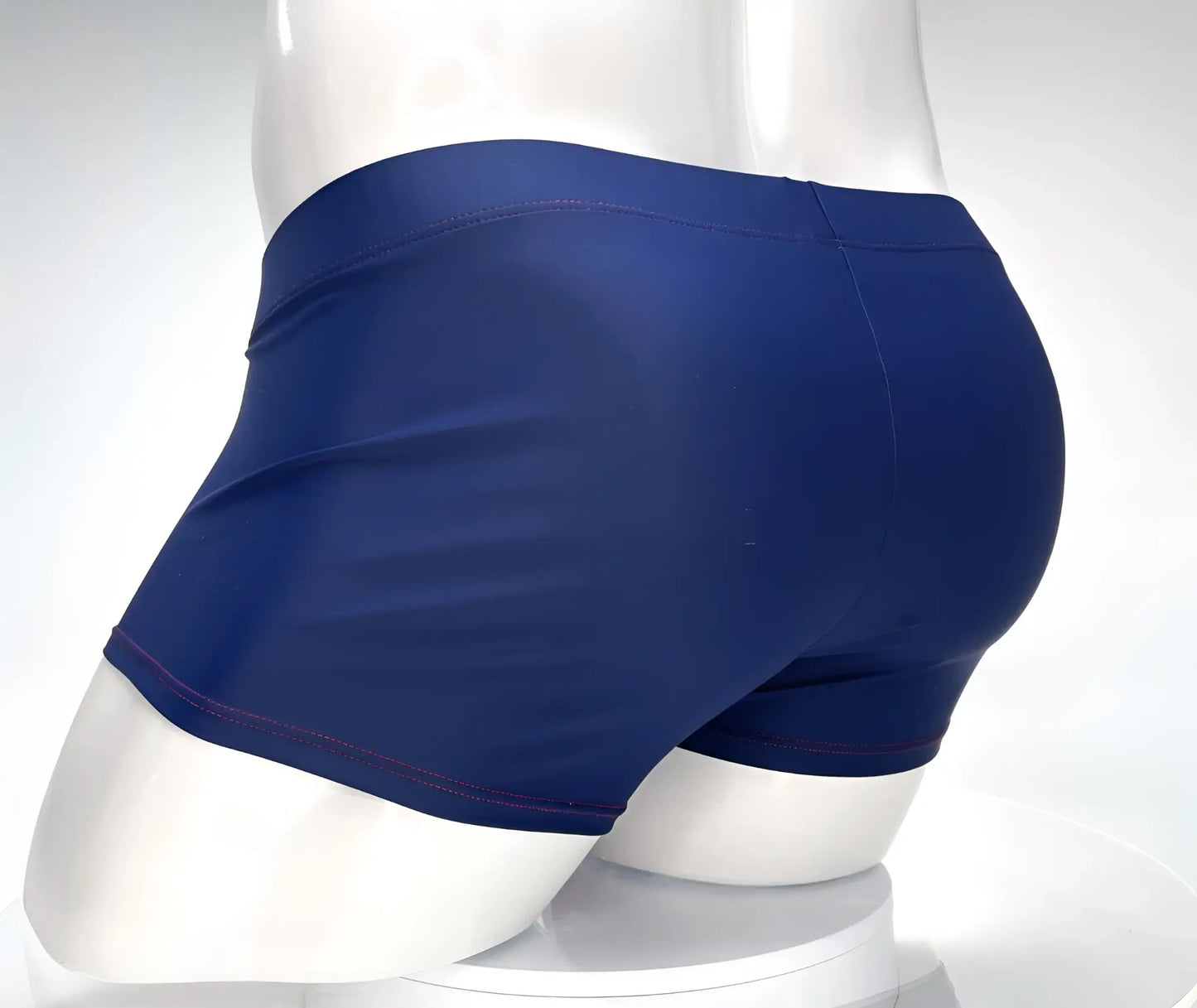 WildmanT monster cock swim square cut navy red swim trunks in smooth stretchy fabric with purple hem stitching