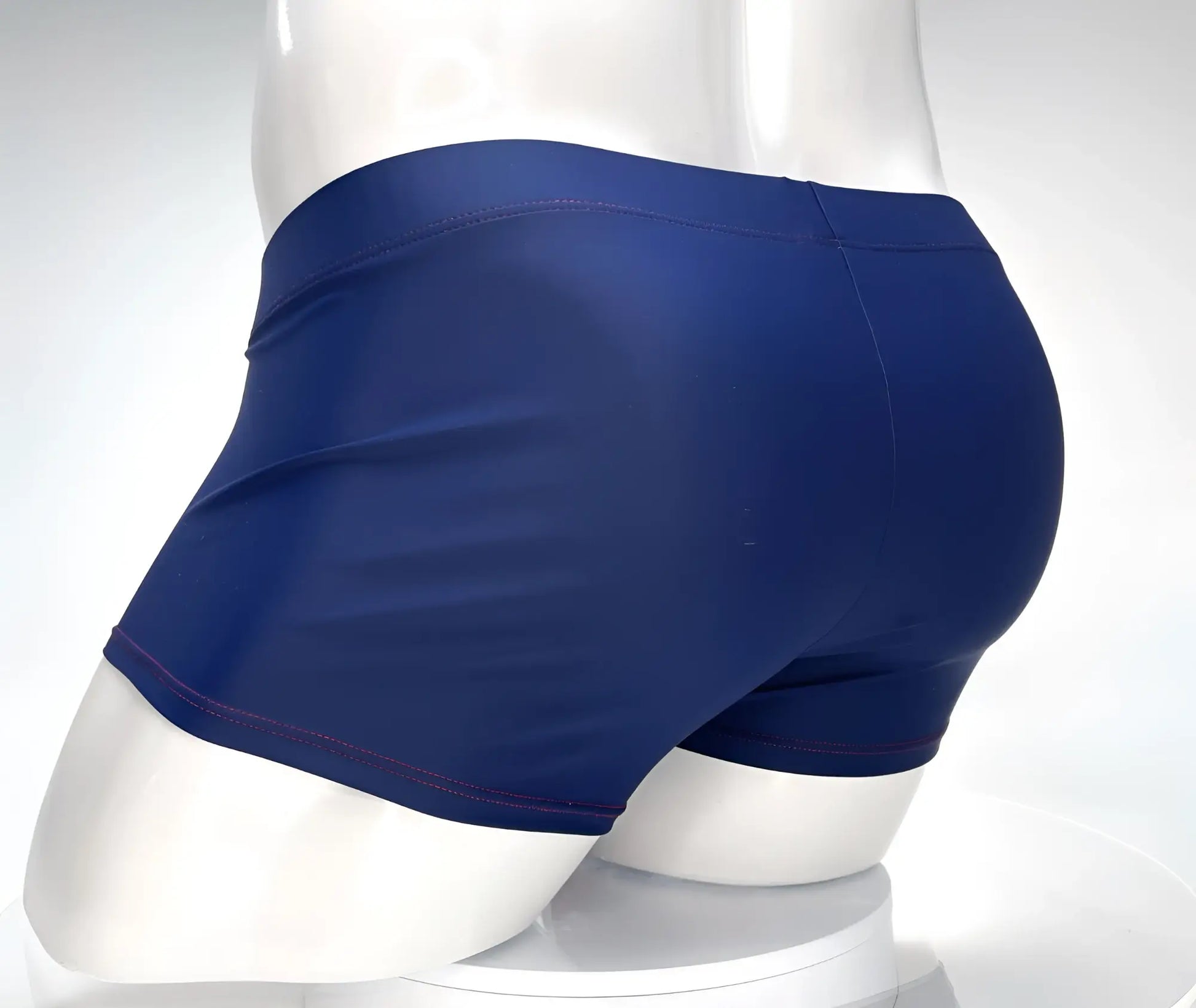 WildmanT monster cock swim square cut navy red swim trunks in smooth stretchy fabric with purple hem stitching