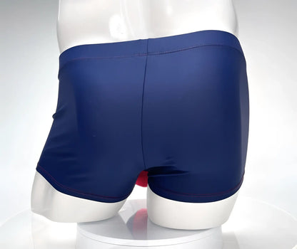 Wildmant monster cock swim square cut navy red swim trunks with smooth stretchy fabric and neatly stitched seams