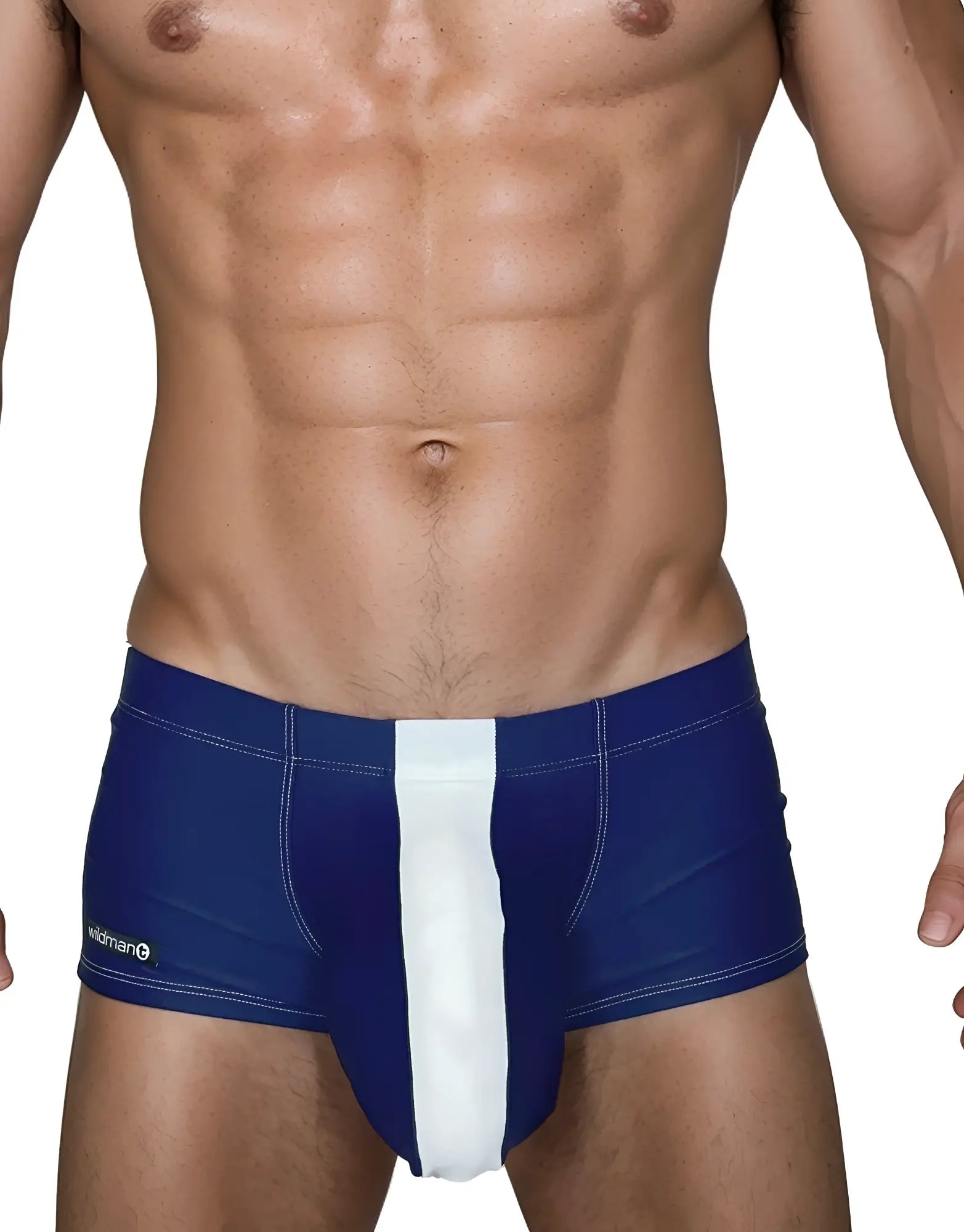 Wildmant monster cock swim square cut navy white athletic briefs with bold vertical stripe down the center